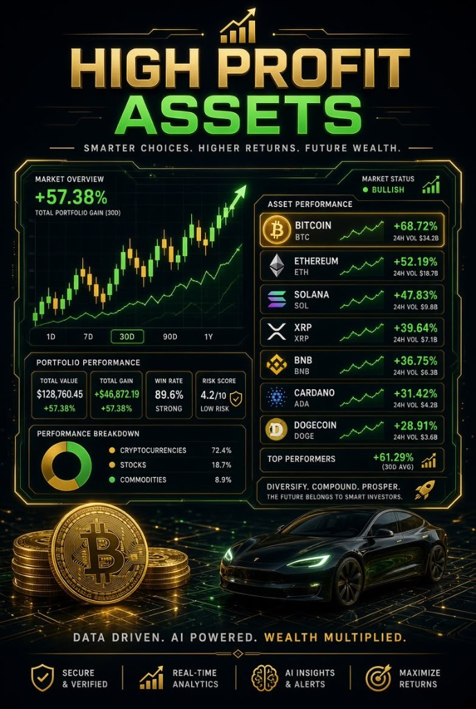 A market board titled High Profit Assets, with a portfolio gain of 57.38 percent and an 89.6 percent win rate