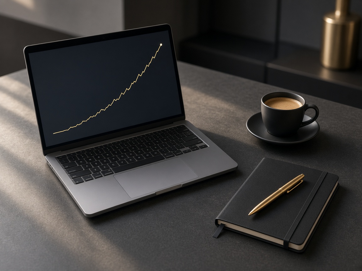 A laptop on a desk showing a rising line, next to a notebook and coffee