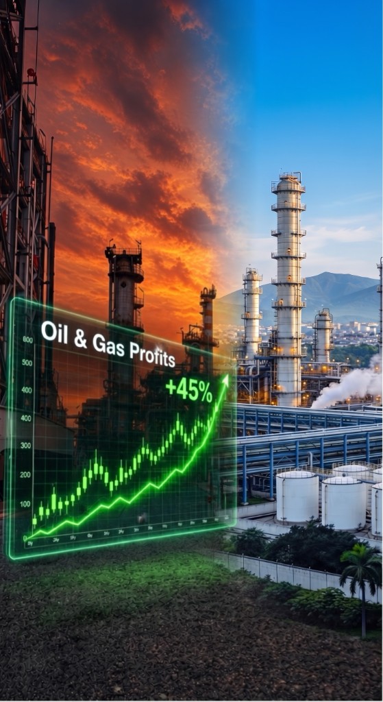 An oil and gas plant split between sunset and daylight, labeled Oil and Gas Profits, up 45 percent