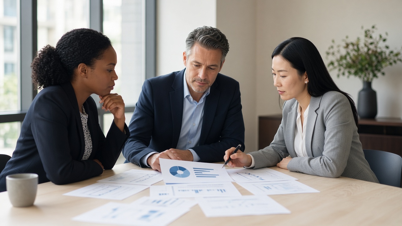 Three people reviewing allocation charts at a table