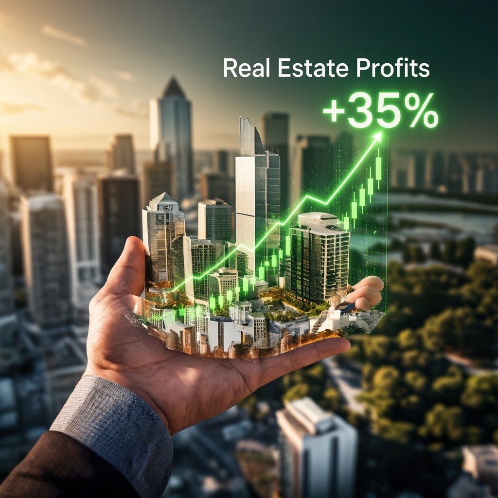 A hand holding a miniature city, labeled Real Estate Profits, up 35 percent